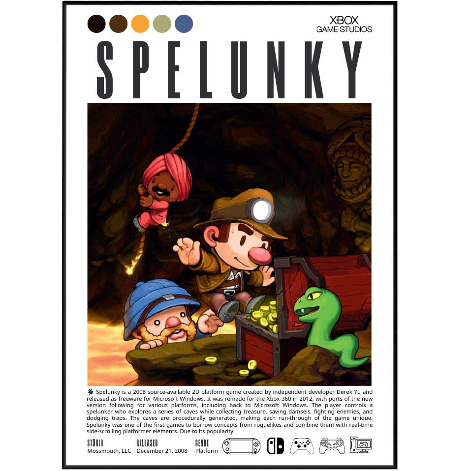 Spelunky 2012 game poster — Derek Yu Spelunker procedural roguelike caves wall art print UK - 98types