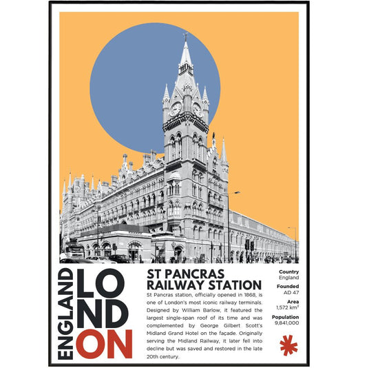 St Pancras Station illustration poster — George Gilbert Scott Gothic Revival Eurostar Midland Grand Hotel wall art print UK
