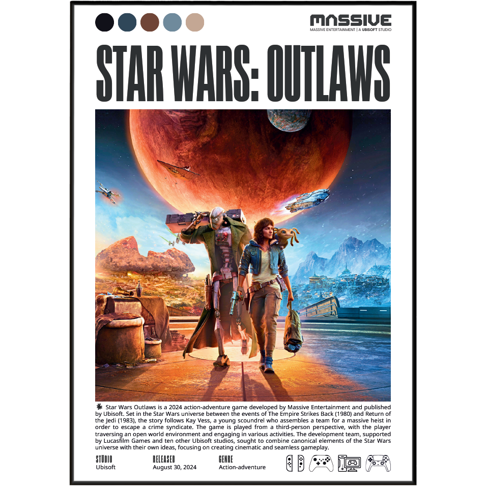 Front cover of the Massive Entertainment Star Wars: Outlaws board game, featuring a large central artwork of two characters standing in a desert canyon with a giant planet and space elements in the background. The title 'STAR WARS: OUTLAWS' appears prominently at the top, with the Massive Entertainment logo above it.