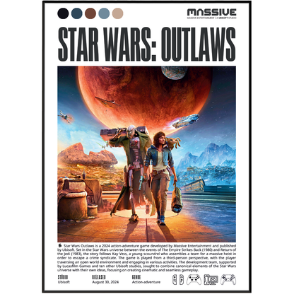 Front cover of the Massive Entertainment Star Wars: Outlaws board game, featuring a large central artwork of two characters standing in a desert canyon with a giant planet and space elements in the background. The title 'STAR WARS: OUTLAWS' appears prominently at the top, with the Massive Entertainment logo above it.