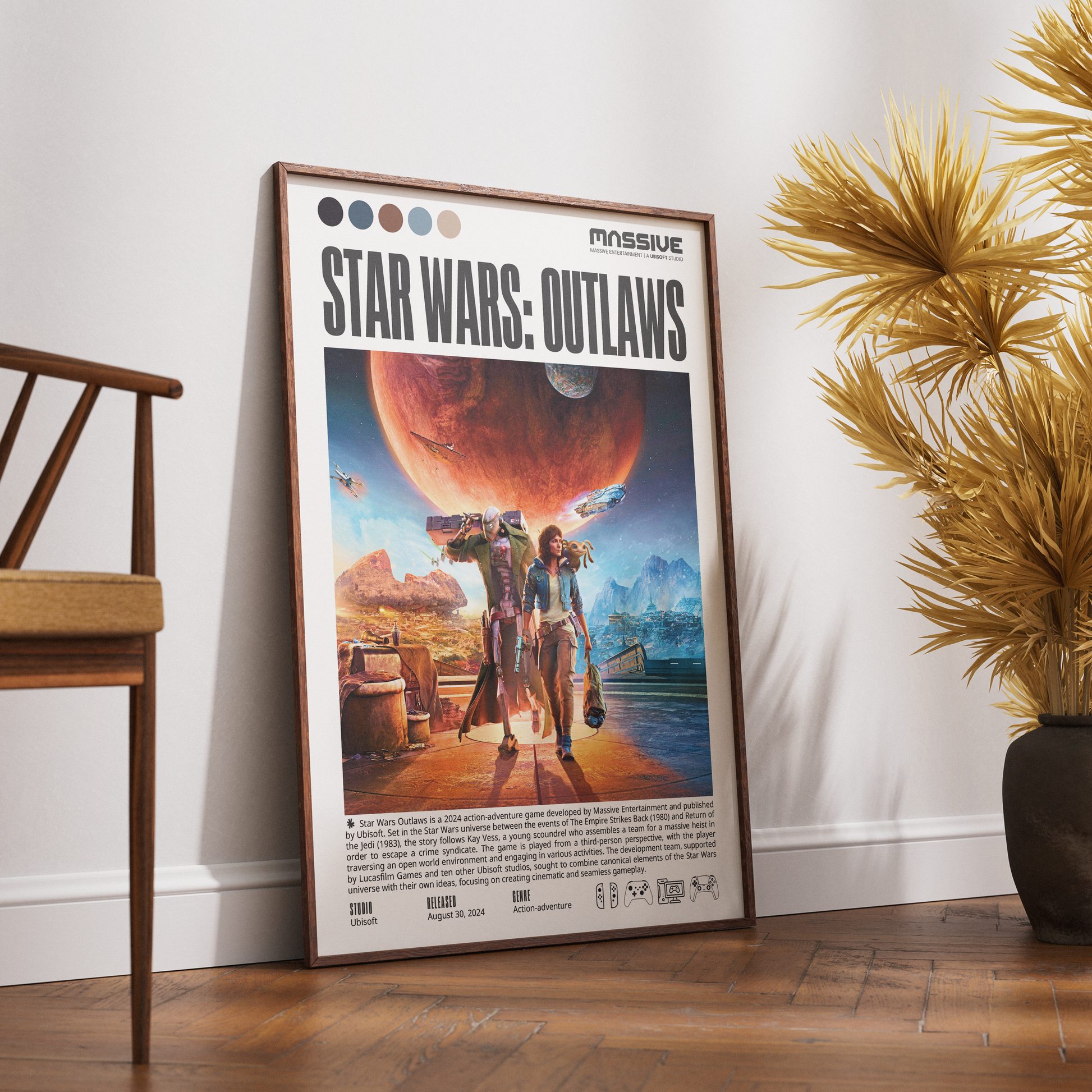 A framed Star Wars: Outlaws poster leaning against a white wall on a wooden floor, with a wooden chair on the left and a potted palm on the right.