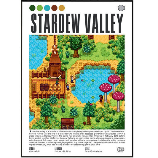 Stardew Valley 2016 game poster — ConcernedApe farmer Pelican Town harvest pixel farming wall art print UK - 98types