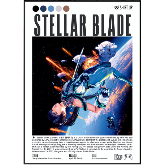 A product poster or packaging insert for the video game Stellar Blade, featuring large black title text at the top, a central sci-fi illustration of a blue sword character floating above a planet in space, and small color swatches along the left side. Visible branding includes Shift Up and Sony Interactive Entertainment.
