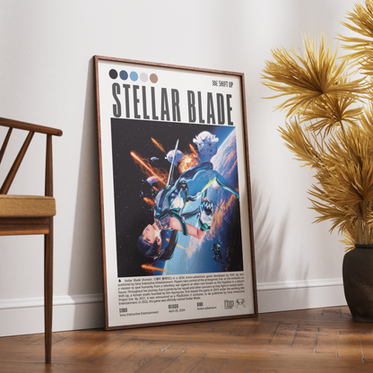 A framed 'Stellar Blade' poster leaning against a white wall on a wooden floor, with a wooden chair on the left and a potted palm on the right.