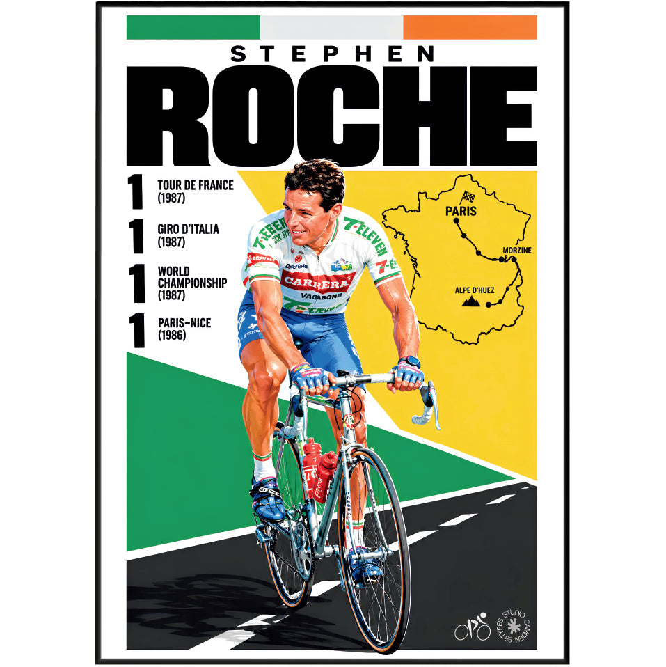 A cycling poster featuring a vintage-style illustration of cyclist Stephen Roche riding a road bike. The poster has a black border and includes text listing his Tour de France victories, Giro d'Italia victory, World Championship victory, and Paris-Nice victory, along with a map of France and green, yellow, and orange color blocks.
