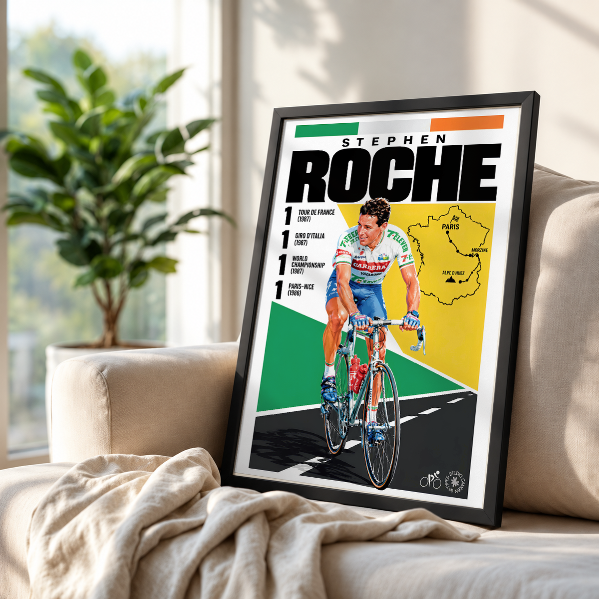 Stephen Roche poster, Irish cycling wall art print in a pain cave - 98types