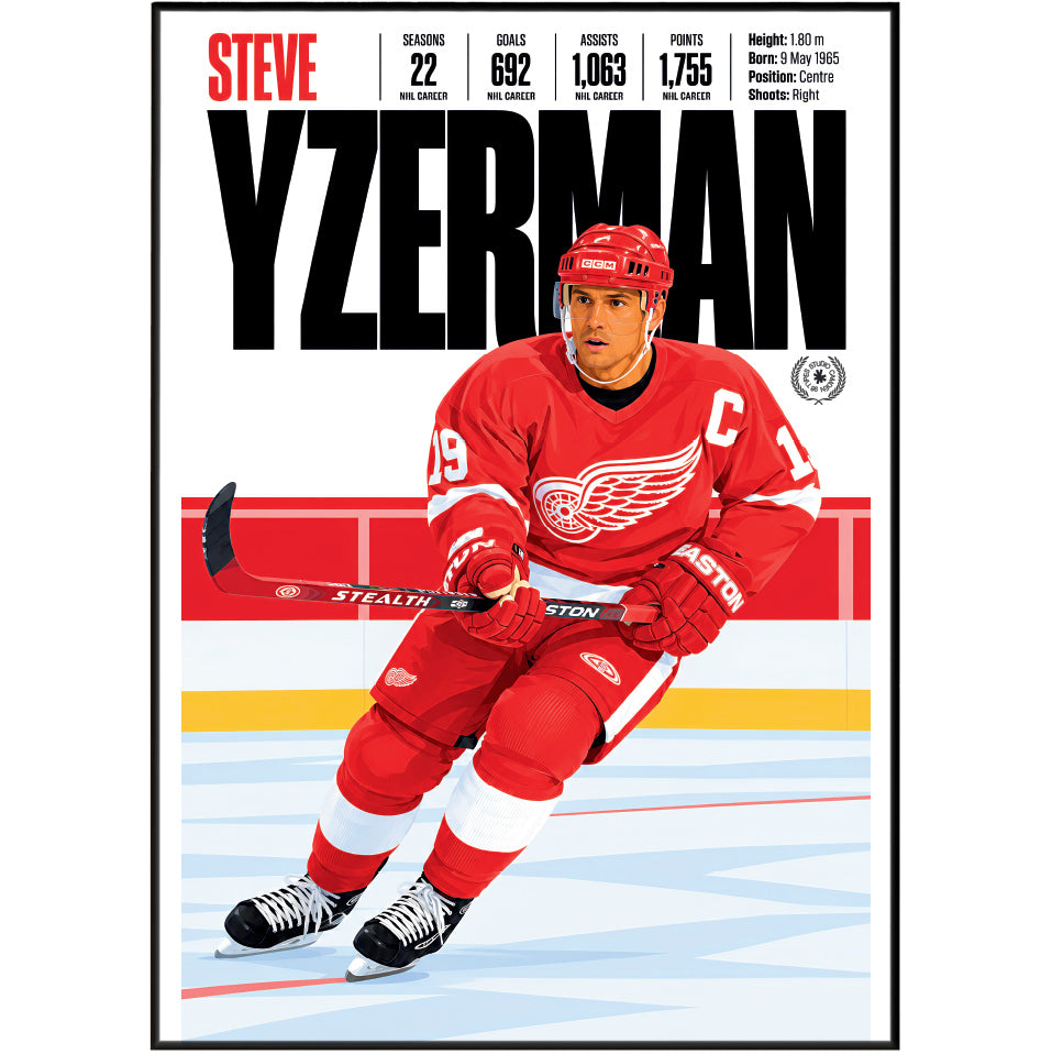 Steve Yzerman poster, Detroit Red Wings NHL ice hockey wall art print in a home office - 98types