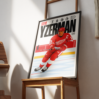 Steve Yzerman poster, Detroit Red Wings NHL ice hockey wall art print in a home office - 98types