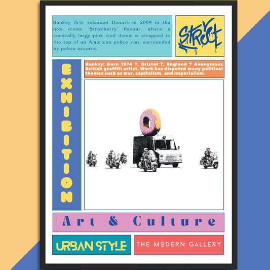 Strawberry Donut street art poster — police donut consumerism urban graffiti wall art print UK
