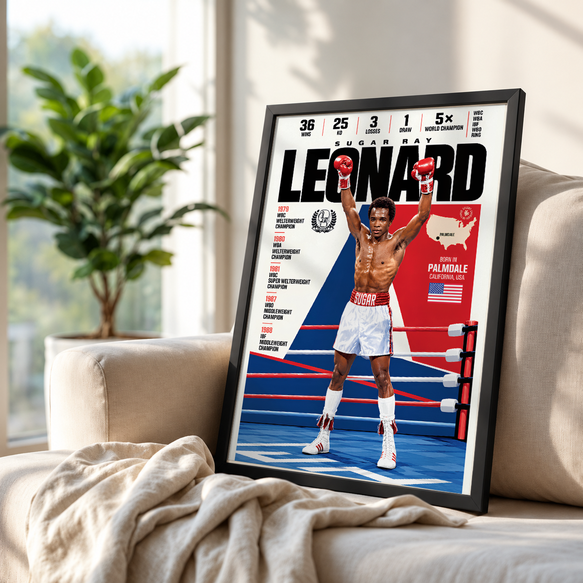 Sugar Ray Leonard poster, American boxing wall art print in a boxing gym - 98types