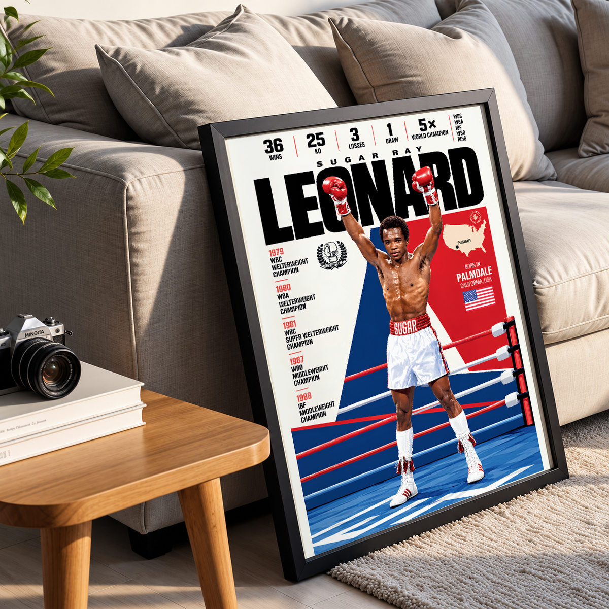 Sugar Ray Leonard poster, American boxing wall art print in a boxing gym - 98types