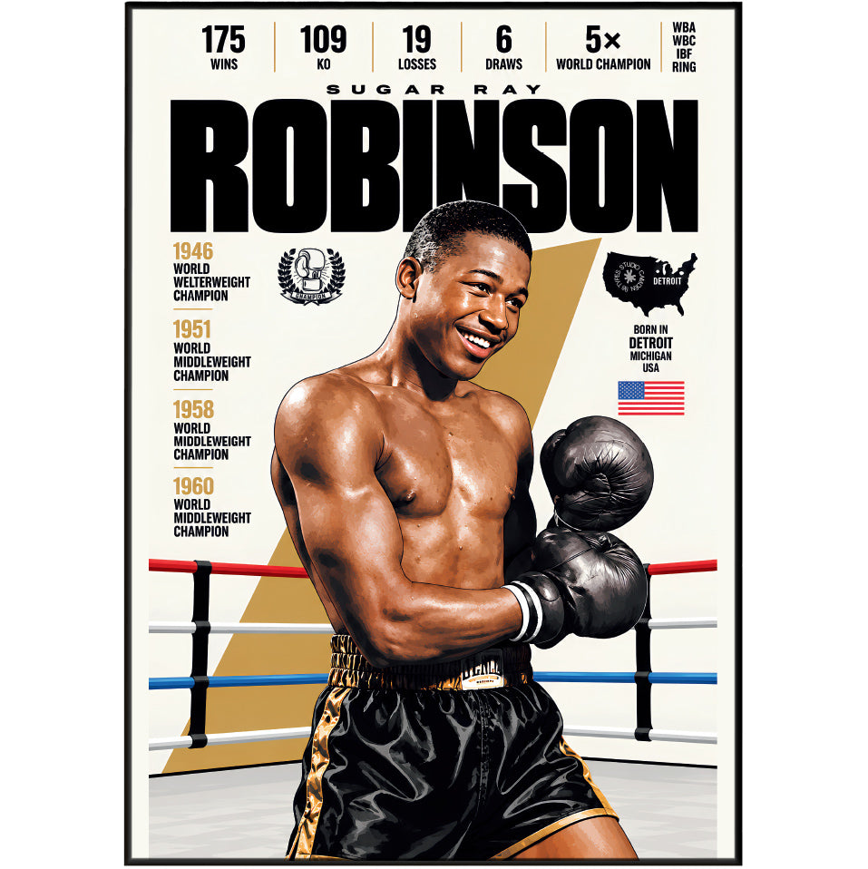 Sugar Ray Robinson poster, American boxing wall art print in a home office - 98types