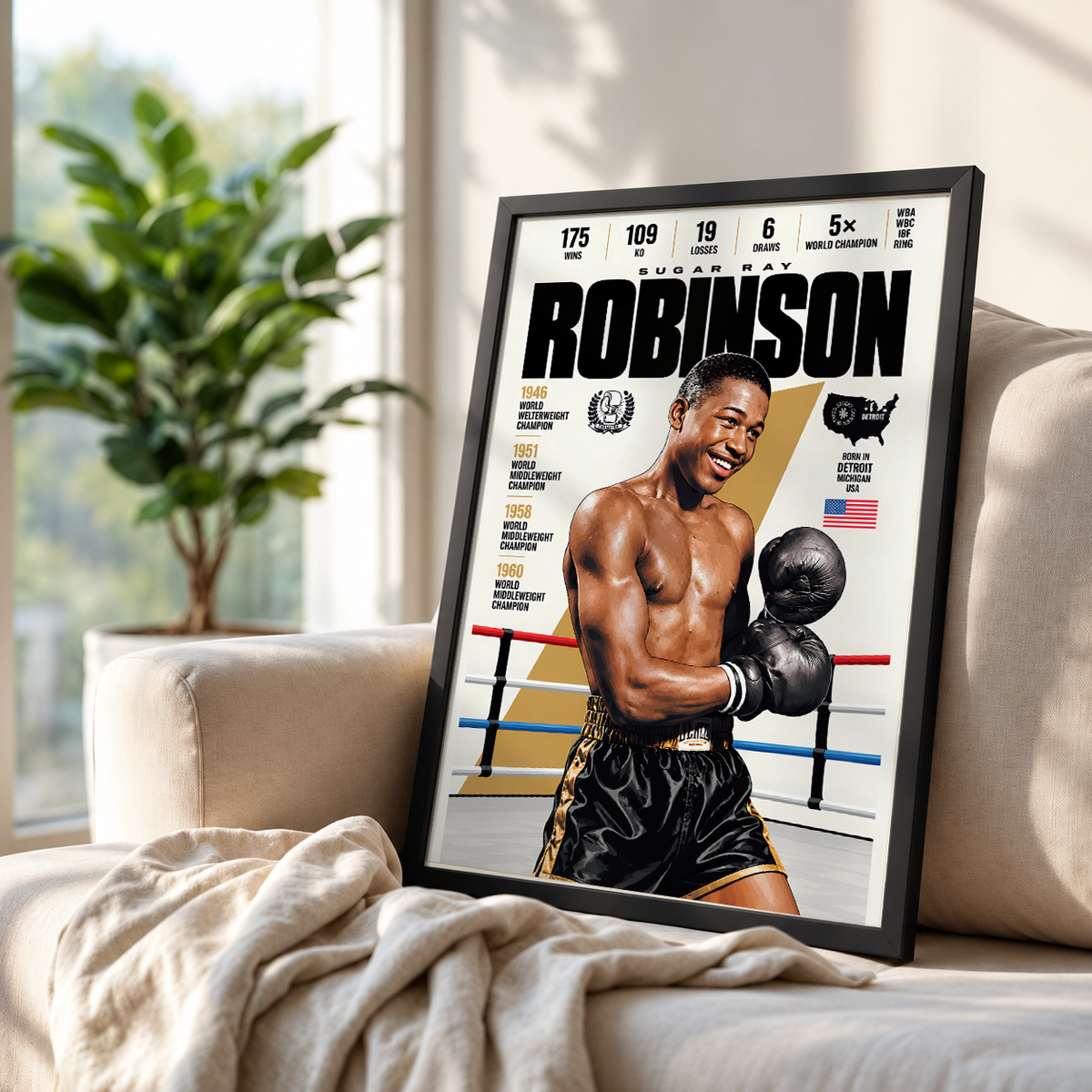 Sugar Ray Robinson poster, American boxing wall art print in a home office - 98types