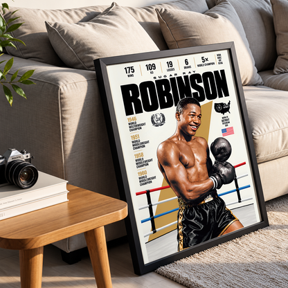 Sugar Ray Robinson poster, American boxing wall art print in a home office - 98types