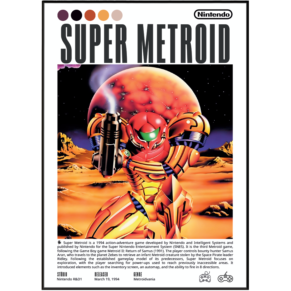 Nintendo Super Metroid game cover art poster featuring Samus in a red and gold spacesuit facing a large orange planet against a starry space background, with the Nintendo logo at the top and small text credits at the bottom.