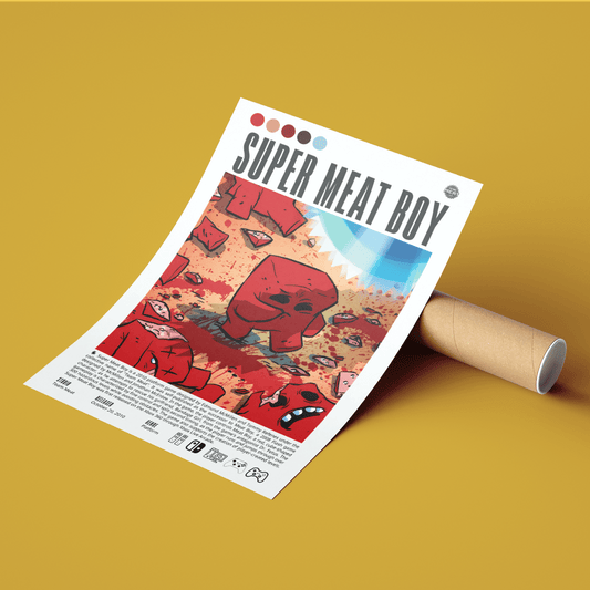Super Meat Boy 2010 game poster — Team Meat Edmund McMillen precision platformer wall art print UK - 98types