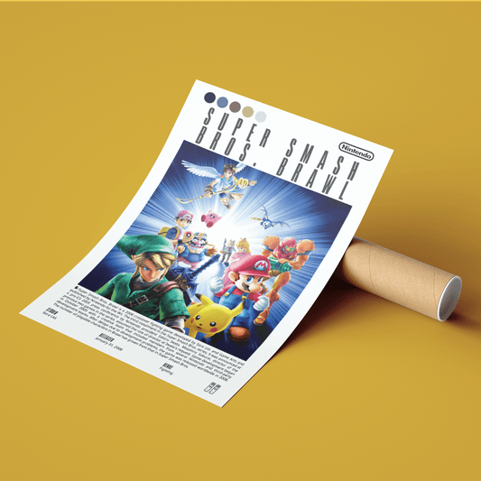 Super Smash Bros Brawl 2008 game poster — Nintendo Wii Snake Sonic Subspace Emissary wall art print UK - 98types