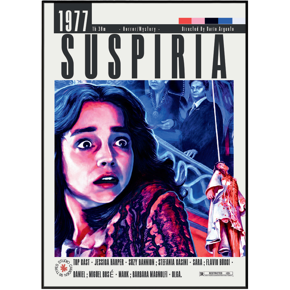 Suspiria 1977 Dario Argento film poster print UK — Goblin score Italian giallo primary colour horror wall art 260gsm printed in England Camden Market