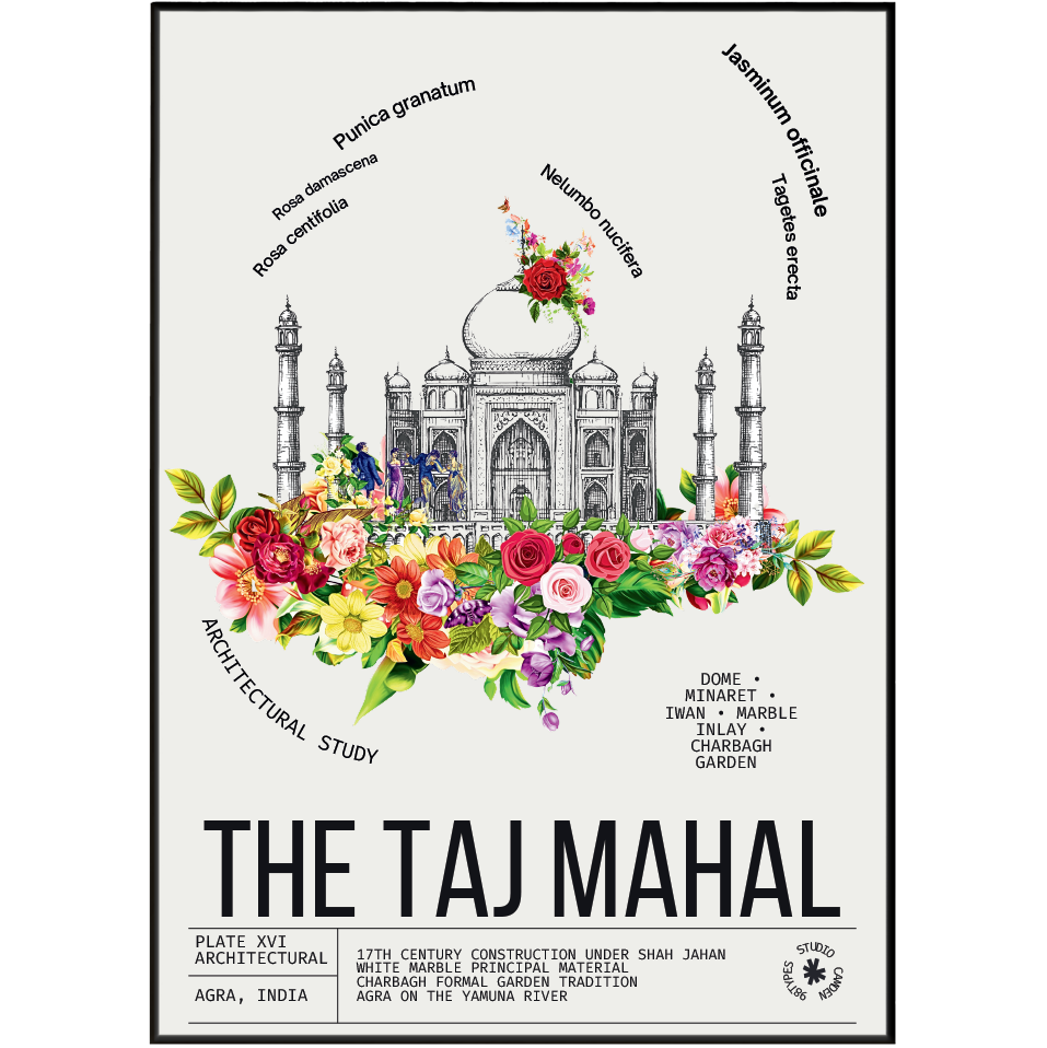 Taj Mahal vintage botanical archive print UK — Agra India landmark wall art 260gsm printed in England Camden Market
