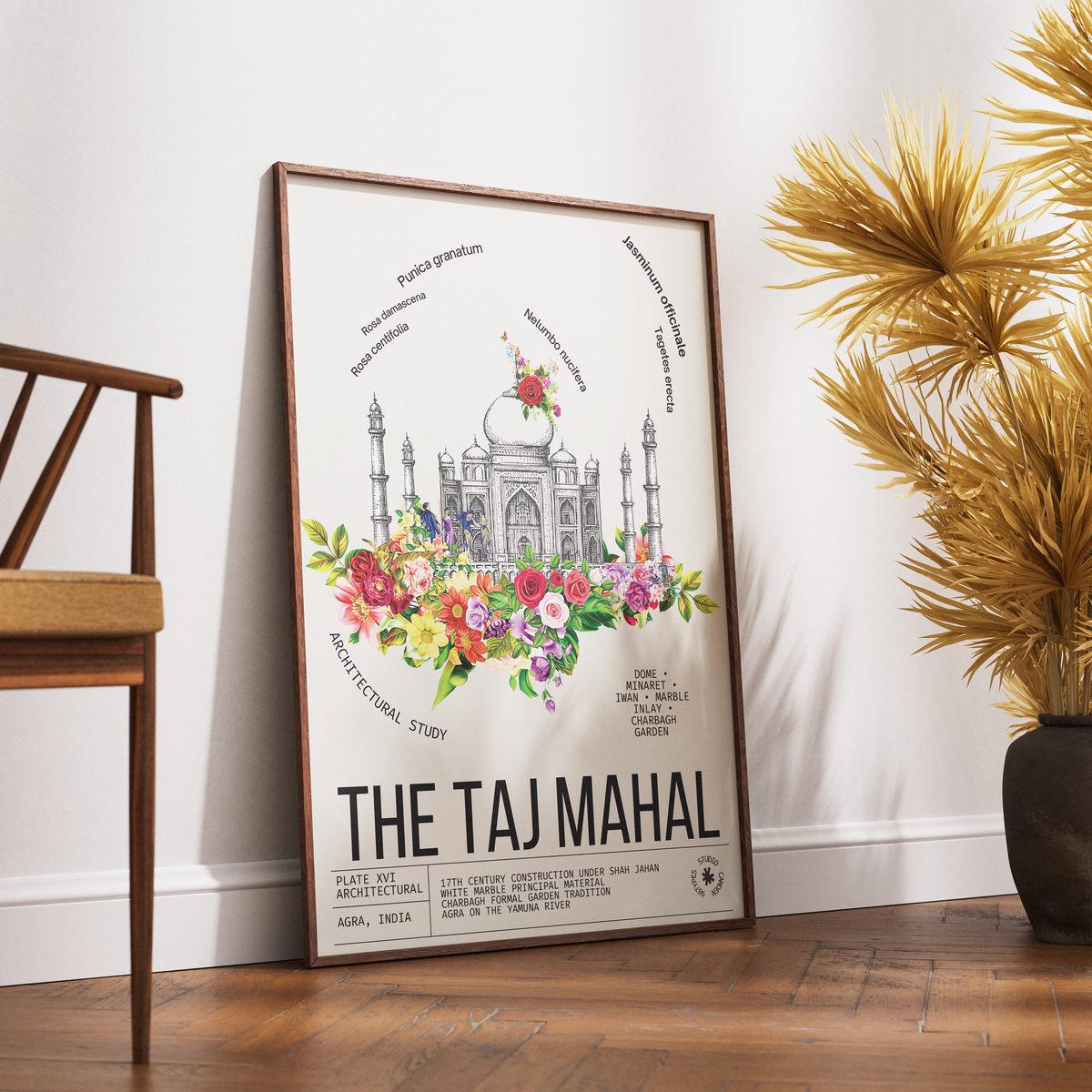 Taj Mahal vintage botanical archive print UK — Agra India landmark wall art 260gsm printed in England Camden Market
