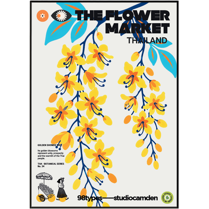 The Flower Market Thailand Golden Shower Tree Cassia fistula botanical poster print UK — national flower graphic wall art 260gsm printed in England Camden Market