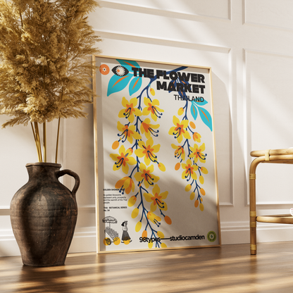The Flower Market Thailand Golden Shower Tree Cassia fistula botanical poster print UK — national flower graphic wall art 260gsm printed in England Camden Market