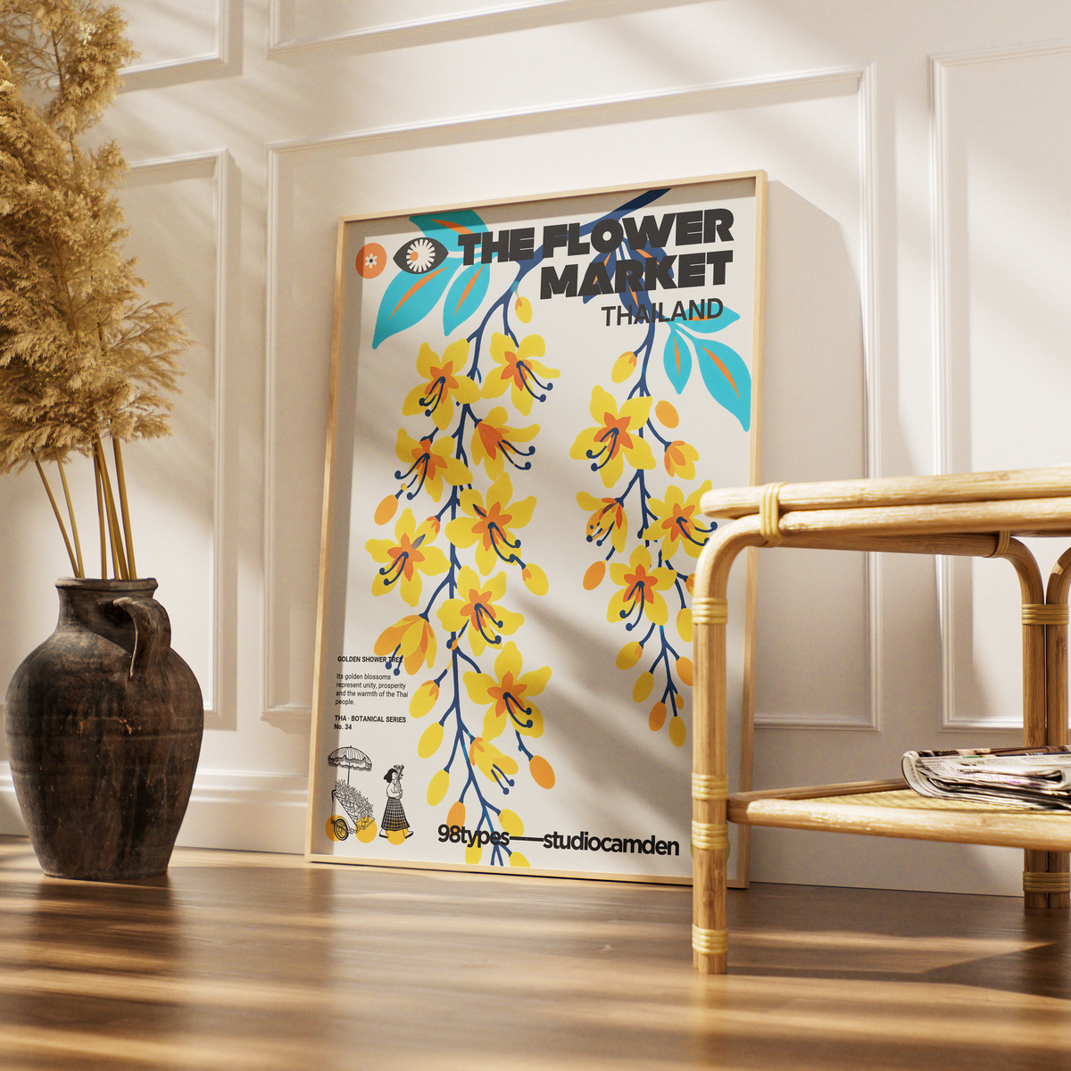The Flower Market Thailand Golden Shower Tree Cassia fistula botanical poster print UK — national flower graphic wall art 260gsm printed in England Camden Market