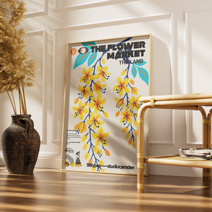 The Flower Market Thailand Golden Shower Tree Cassia fistula botanical poster print UK — national flower graphic wall art 260gsm printed in England Camden Market