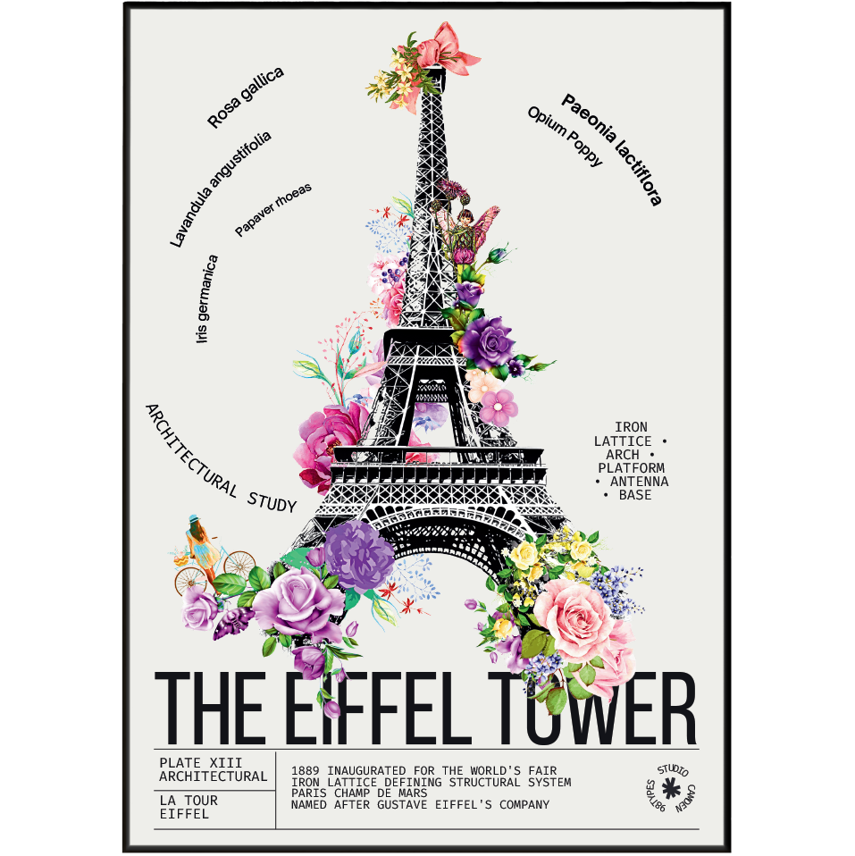 Eiffel Tower vintage botanical archive print UK — La Tour Eiffel Paris landmark wall art 260gsm printed in England Camden Market
