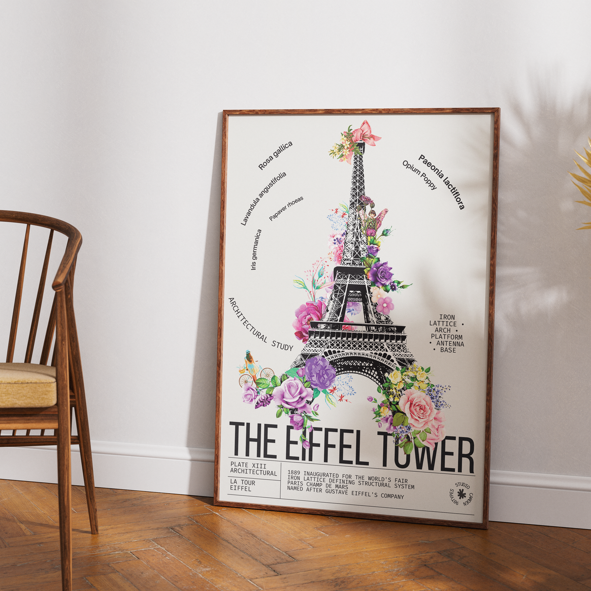 Eiffel Tower vintage botanical archive print UK — La Tour Eiffel Paris landmark wall art 260gsm printed in England Camden Market
