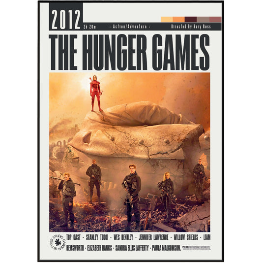 The Hunger Games 2012 movie poster with the title in large black letters, showing characters in a post-apocalyptic desert scene with a large stone structure and orange haze. The top banner includes '2012', '12 Min', 'Action/Adventure', and 'Directed By Gary Ross'.