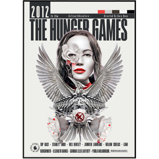 The Hunger Games 2012 movie poster featuring a stylized portrait of Katniss Ewing with an eagle and wings, red rose, and red blood motifs on a light background.