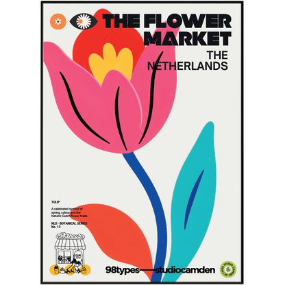 The Flower Market Netherlands Tulip botanical poster print UK — Dutch national flower Keukenhof graphic wall art 260gsm printed in England Camden Market