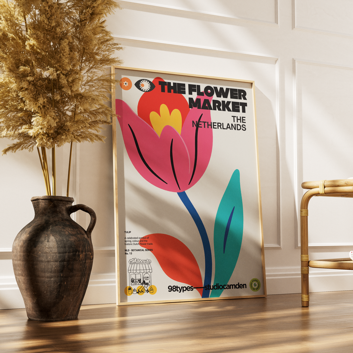 The Flower Market Netherlands Tulip botanical poster print UK — Dutch national flower Keukenhof graphic wall art 260gsm printed in England Camden Market