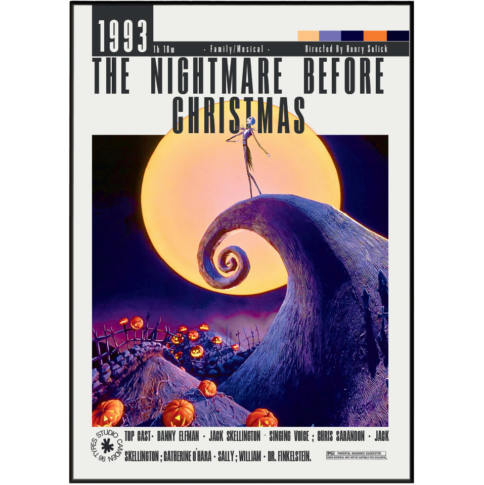 The Nightmare Before Christmas 1993 movie poster print featuring Jack Skellington standing on the spiral hill in front of a large orange moon, with the title in bold black text at the top.