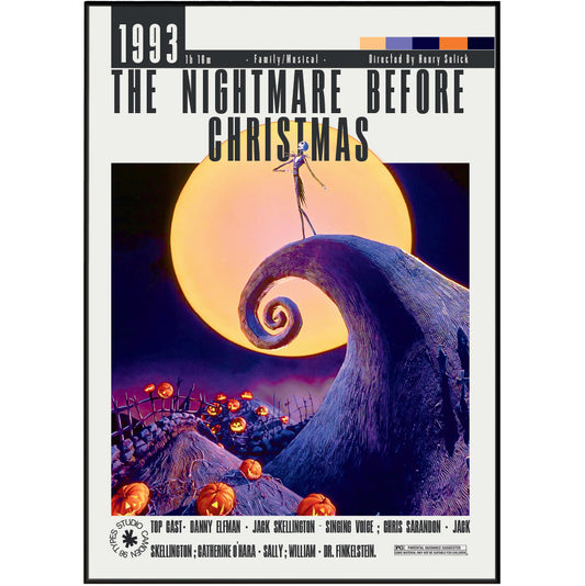 The Nightmare Before Christmas 1993 movie poster print featuring Jack Skellington standing on the spiral hill in front of a large orange moon, with the title in bold black text at the top.