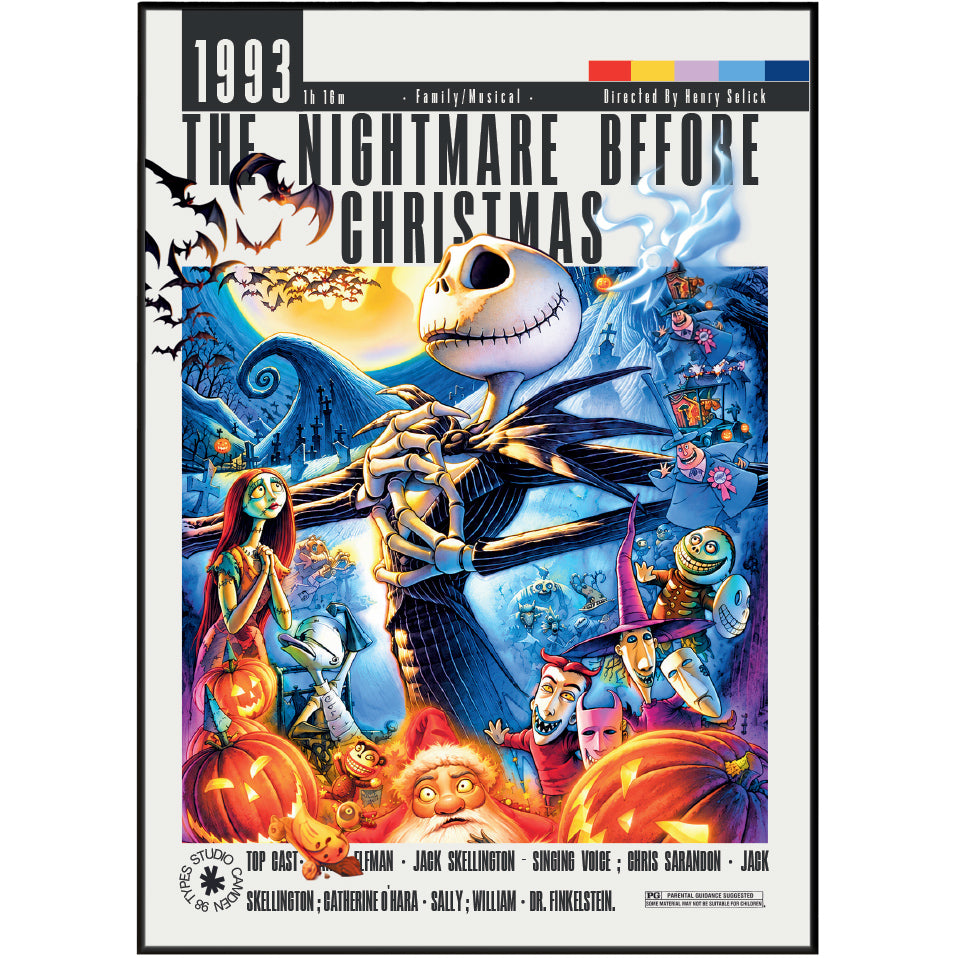 A vertical poster print for the 1993 musical film 'The Nightmare Before Christmas' featuring Jack Skellington in the center with Sally, Ghostface, Pumpkin Head, and other festive characters around him. The poster has a white border and credits at the bottom, with a small color strip near the top right.
