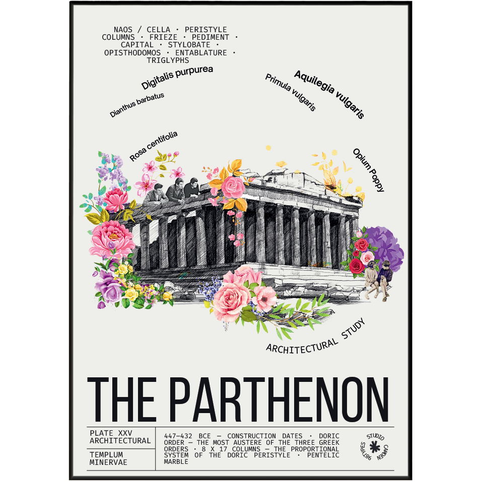 Parthenon Athens vintage botanical archive print UK — ancient Greek landmark wall art 260gsm printed in England Camden Market