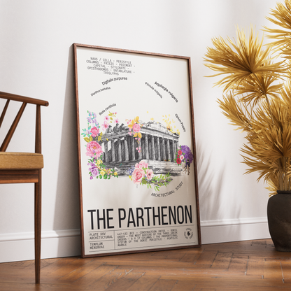 Parthenon Athens vintage botanical archive print UK — ancient Greek landmark wall art 260gsm printed in England Camden Market