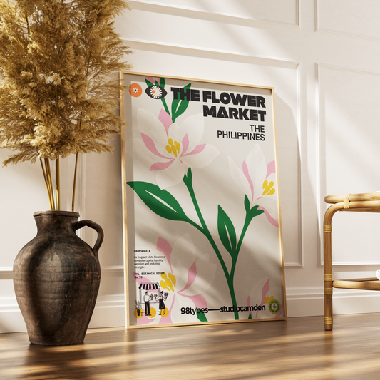 The Flower Market Philippines Sampaguita jasmine botanical poster print UK — national flower graphic wall art 260gsm printed in England Camden Market