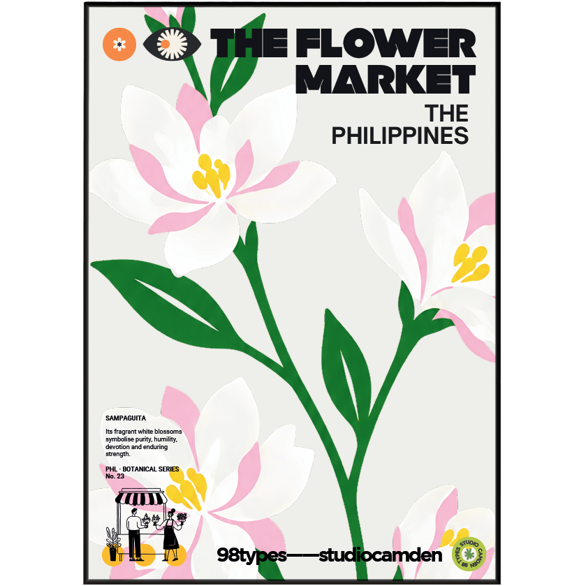 The Flower Market Philippines Sampaguita jasmine botanical poster print UK — national flower graphic wall art 260gsm printed in England Camden Market