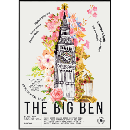 Big Ben Palace of Westminster vintage botanical archive print UK — London landmark wall art 260gsm printed in England Camden Market
