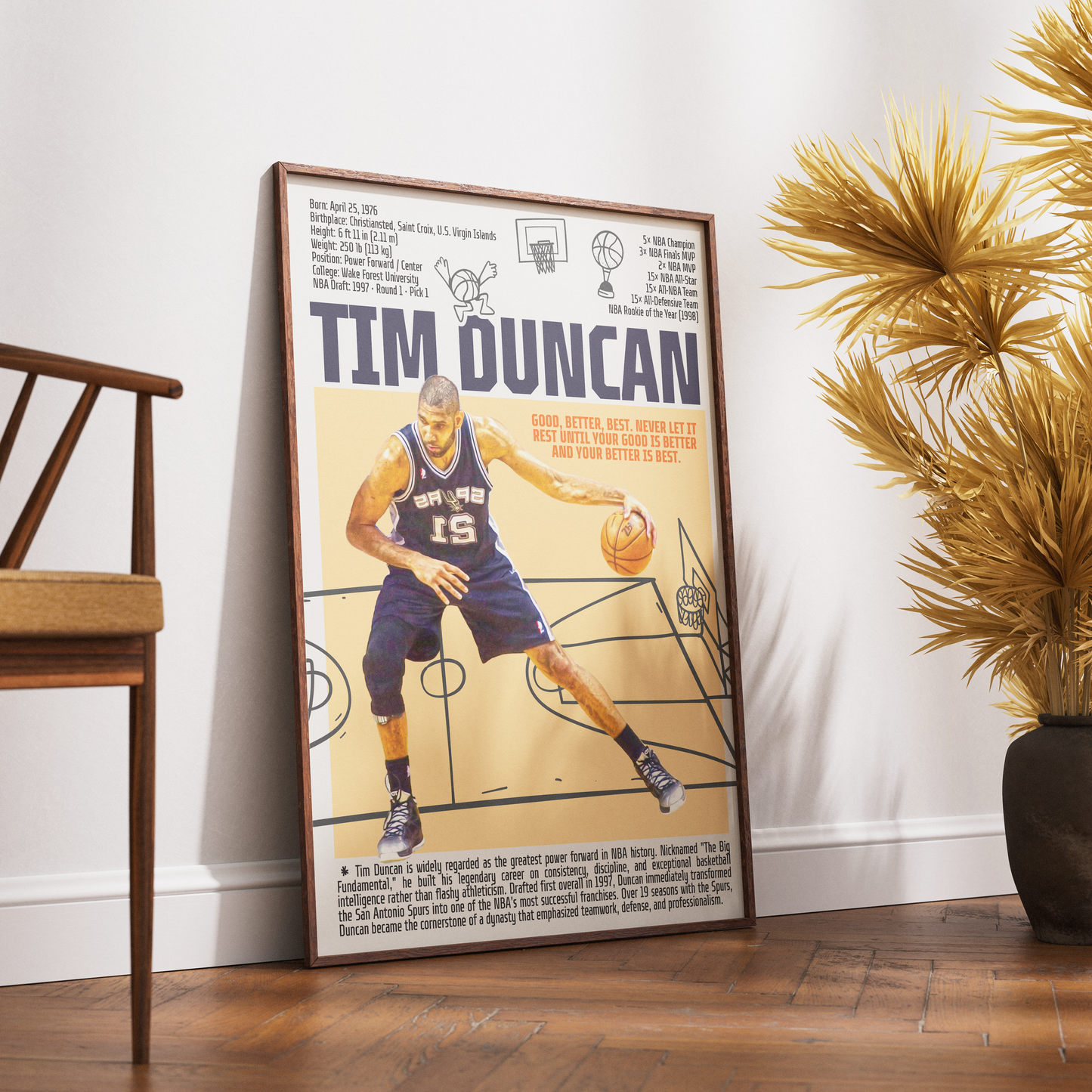 Tim Duncan Big Fundamental basketball poster — San Antonio Spurs 5x champion 2x MVP minimalist wall art print UK