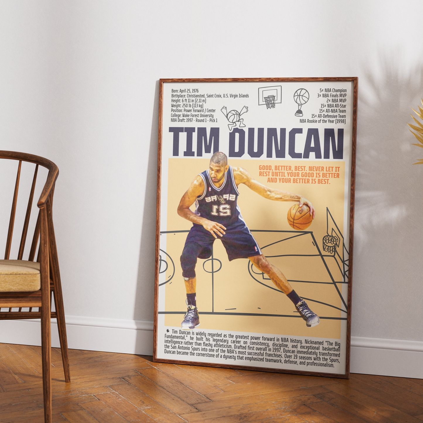 Tim Duncan Big Fundamental basketball poster — San Antonio Spurs 5x champion 2x MVP minimalist wall art print UK