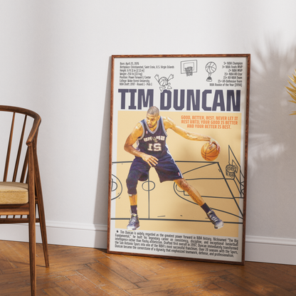 Tim Duncan Big Fundamental basketball poster — San Antonio Spurs 5x champion 2x MVP minimalist wall art print UK
