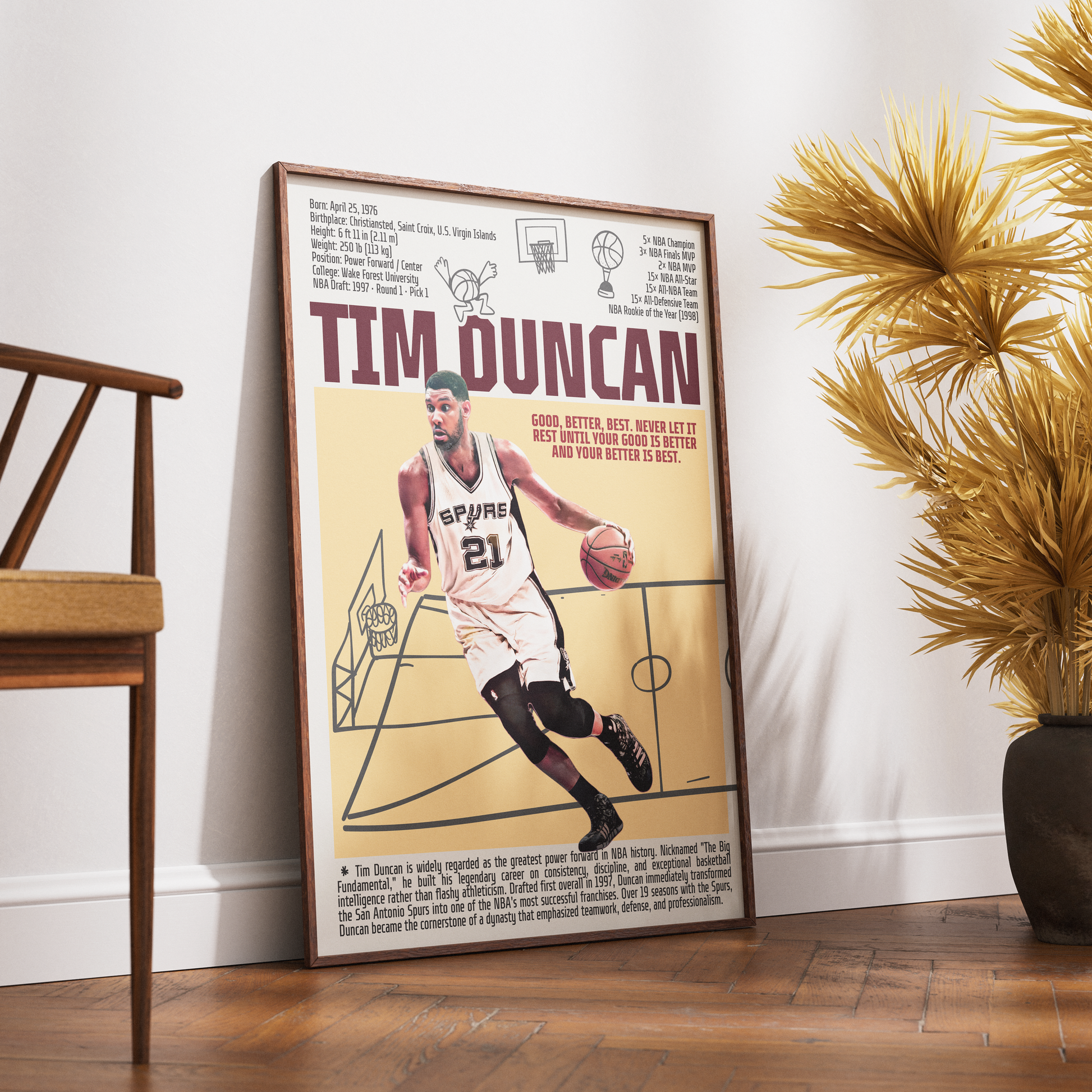 Tim Duncan Big Fundamental basketball poster — San Antonio Spurs 5x champion 2x MVP minimalist wall art print UK