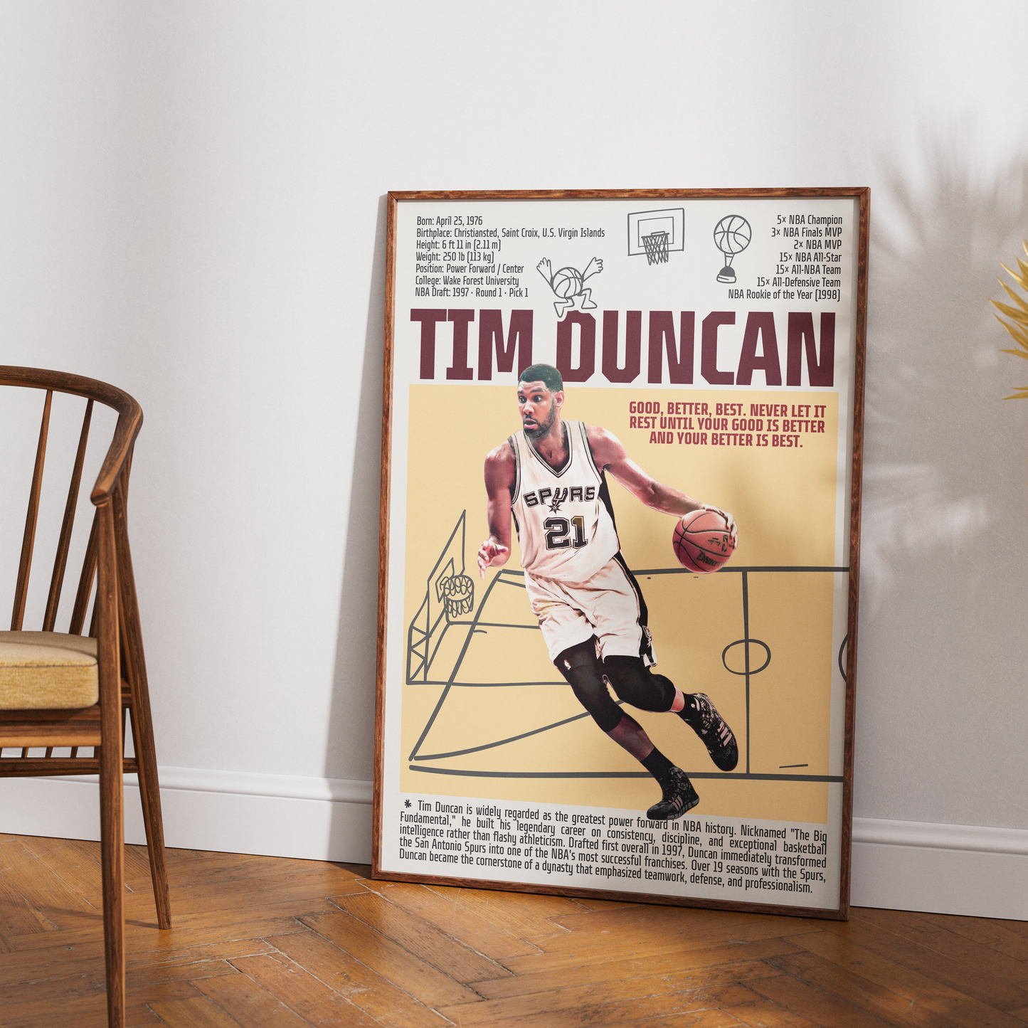 Tim Duncan Big Fundamental basketball poster — San Antonio Spurs 5x champion 2x MVP minimalist wall art print UK