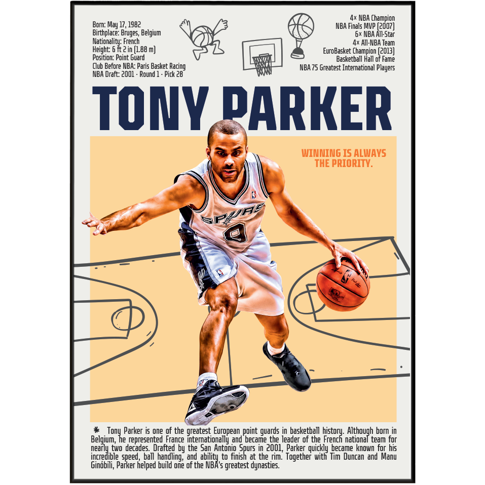 Tony Parker basketball poster — France Spurs 4x champion first European Finals MVP minimalist wall art print UK
