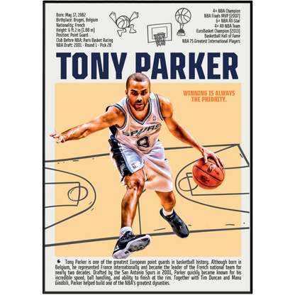 Tony Parker basketball poster — France Spurs 4x champion first European Finals MVP minimalist wall art print UK