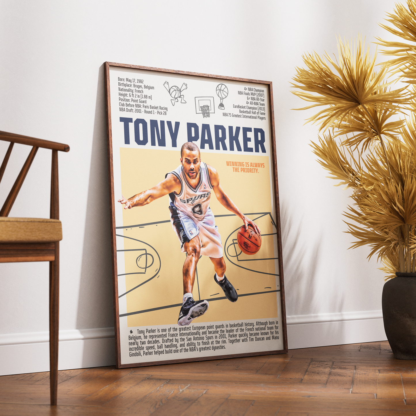 Tony Parker basketball poster — France Spurs 4x champion first European Finals MVP minimalist wall art print UK